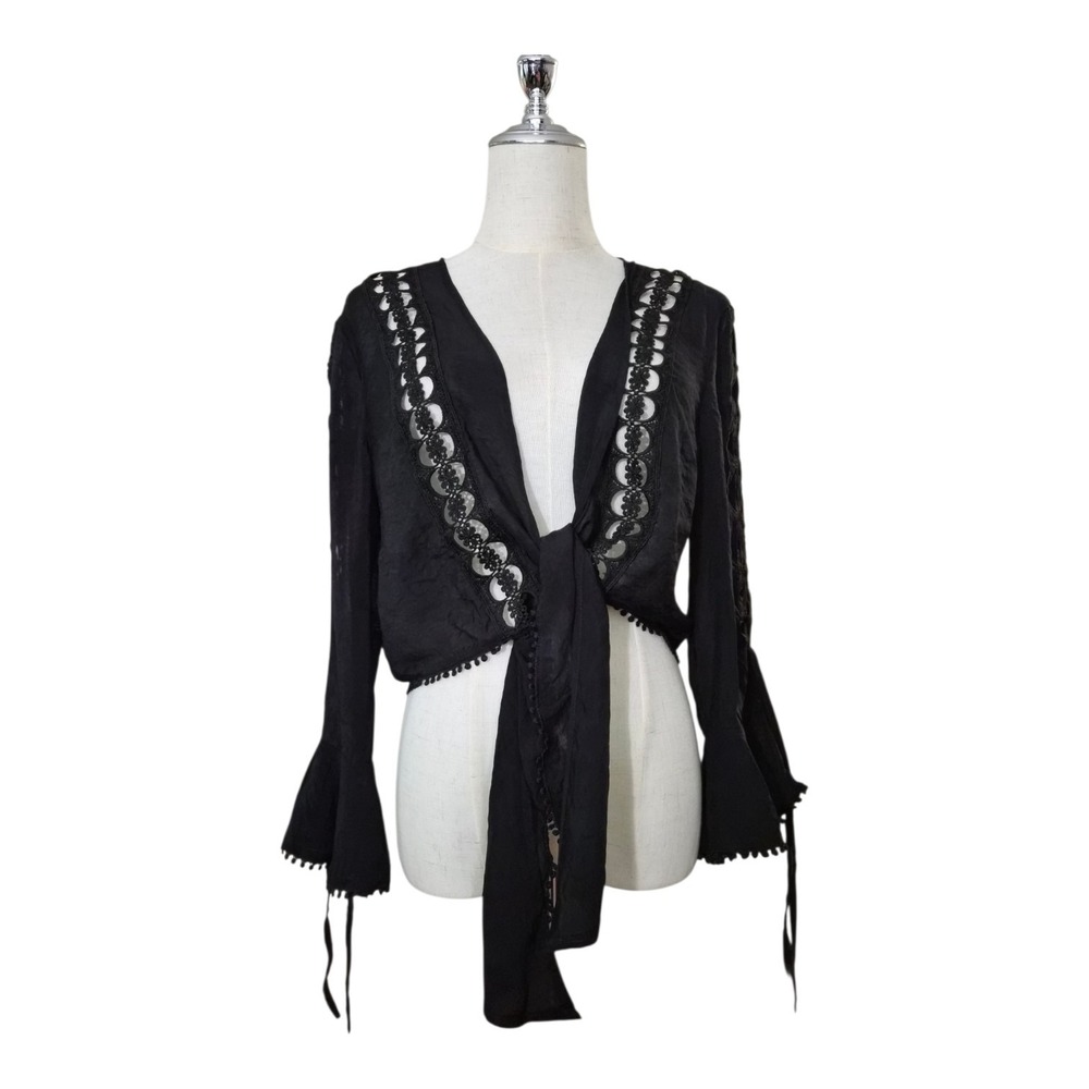Elan Black Tie Front Bell Sleeve Crop Top Large Boho Festival Cottagecore